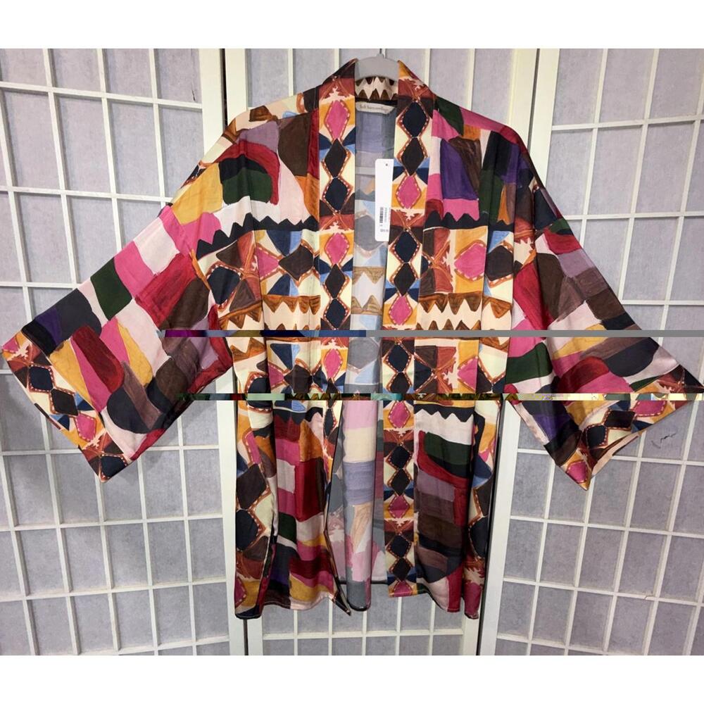 Soft Surroundings Margot Open Front Cardigan Kimono Geo Satin Art to Wear‎ S/M